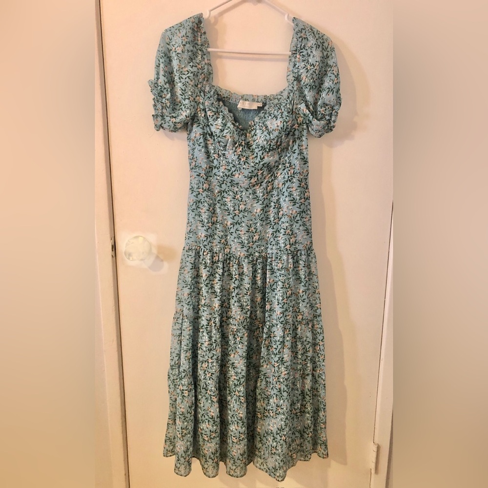 Astr Floral Midi Dress Puff-Sleeve Smocked Cottagecore Blue Pink Garden Boho